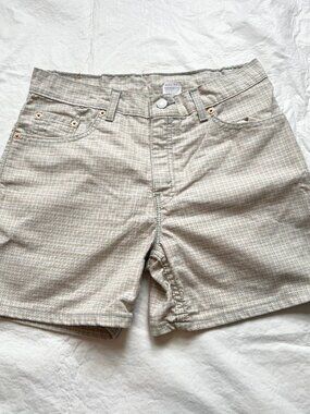 Vintage 90s Levis jean shorts beige brown blue grid 953 womens 8 high waisted